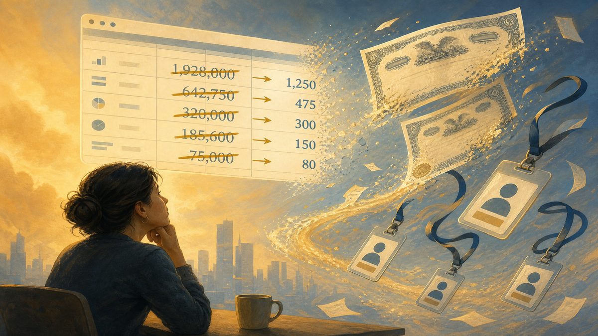 A calculator showing equity numbers being crossed out, as stock certificates turn into corporate ID badges