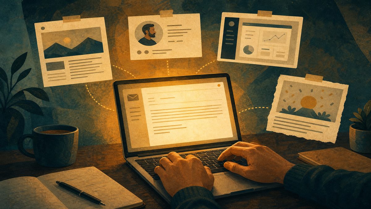 A person typing a targeted cold email with research artifacts floating around the laptop
