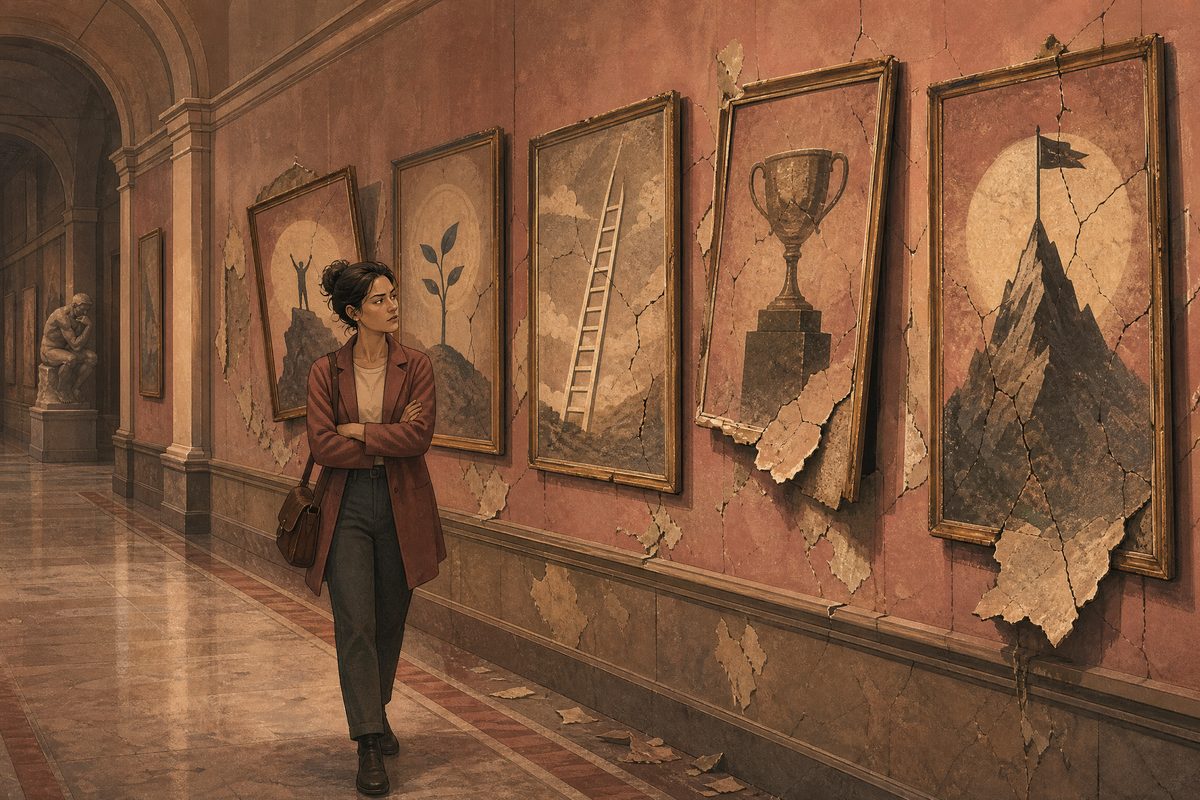 A person walking past broken and cracked motivational posters in a museum