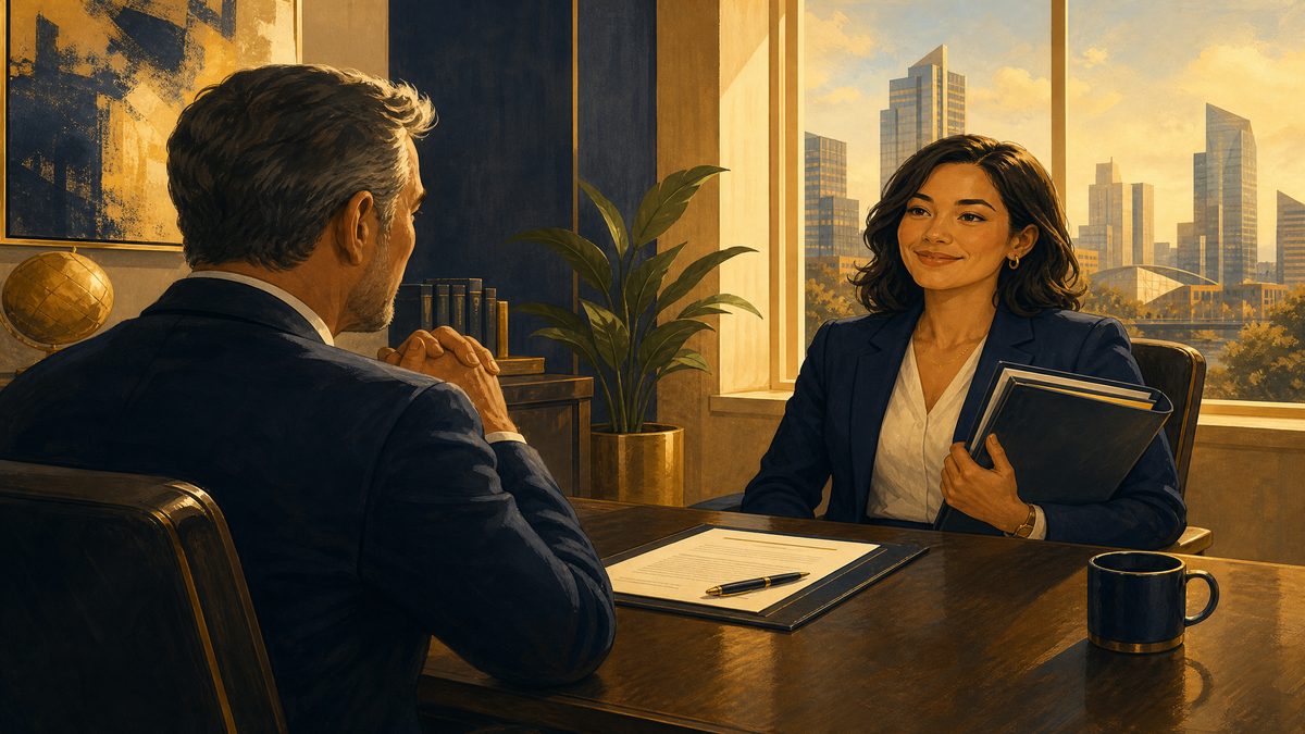 A confident person negotiating a contract with their former manager, showing growth and new experience