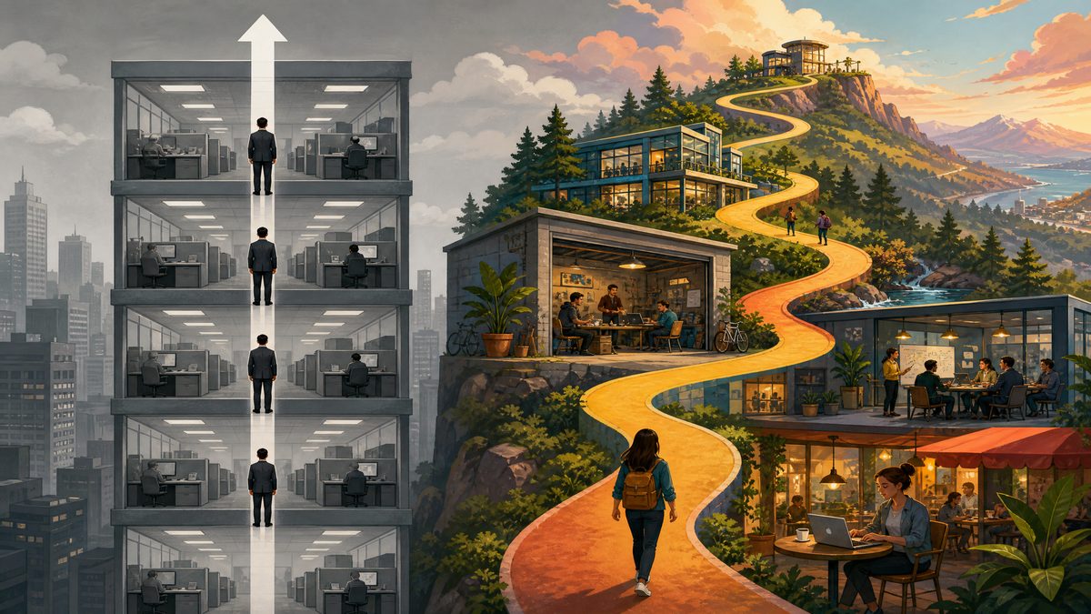 A colorful winding path crossing different terrains next to a boring, straight corporate elevator