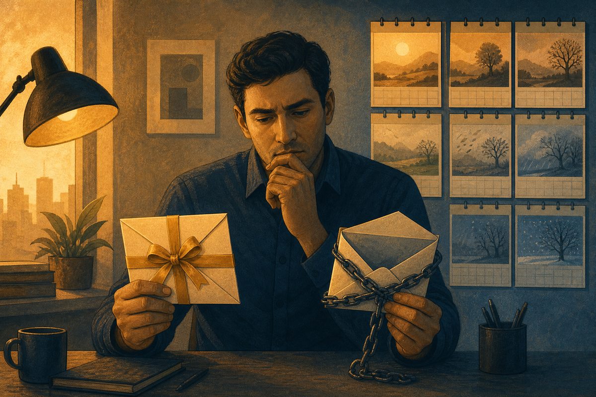 A person looking at a new offer versus a chained counteroffer envelope