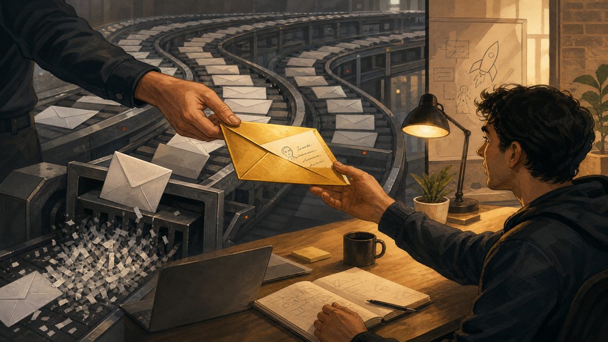 A single golden envelope being hand-delivered to a founder, bypassing a conveyor belt of generic white envelopes