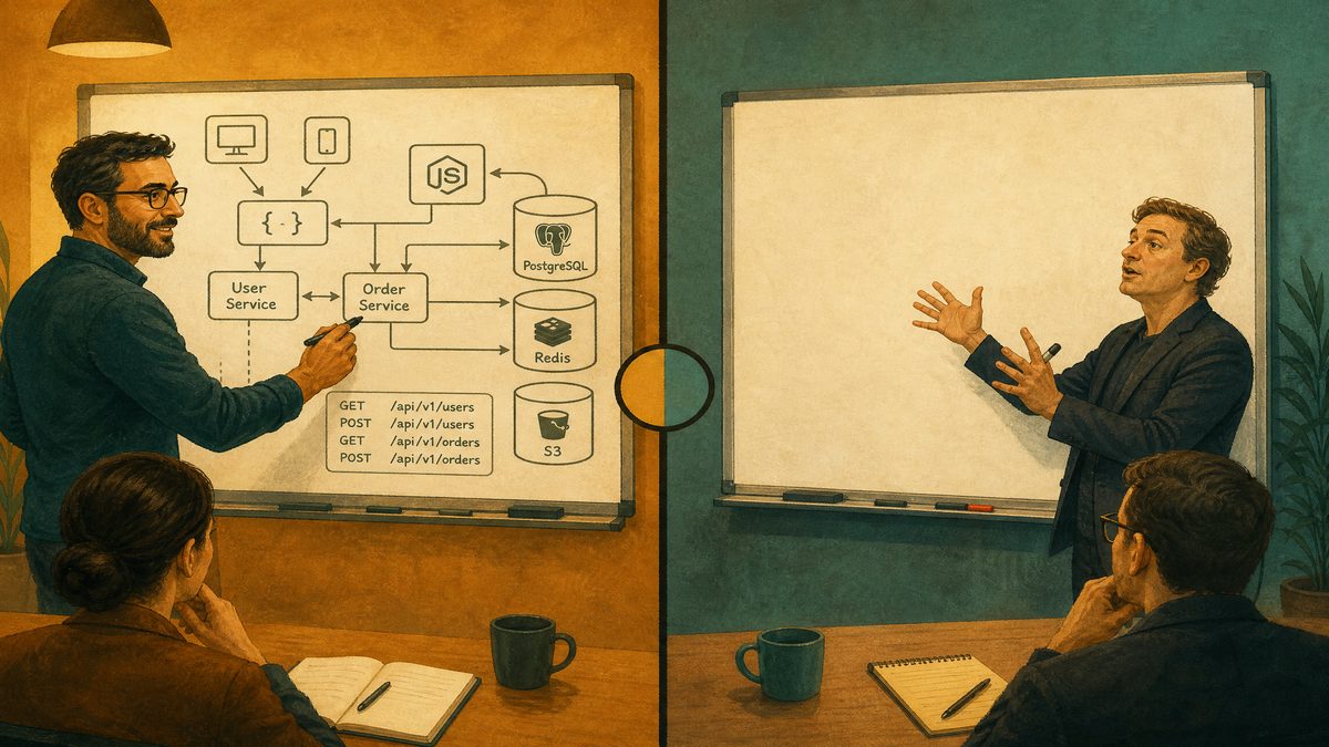 A split screen showing a competent CTO drawing specific architecture vs a buzzword-spouting CTO waving hands vaguely