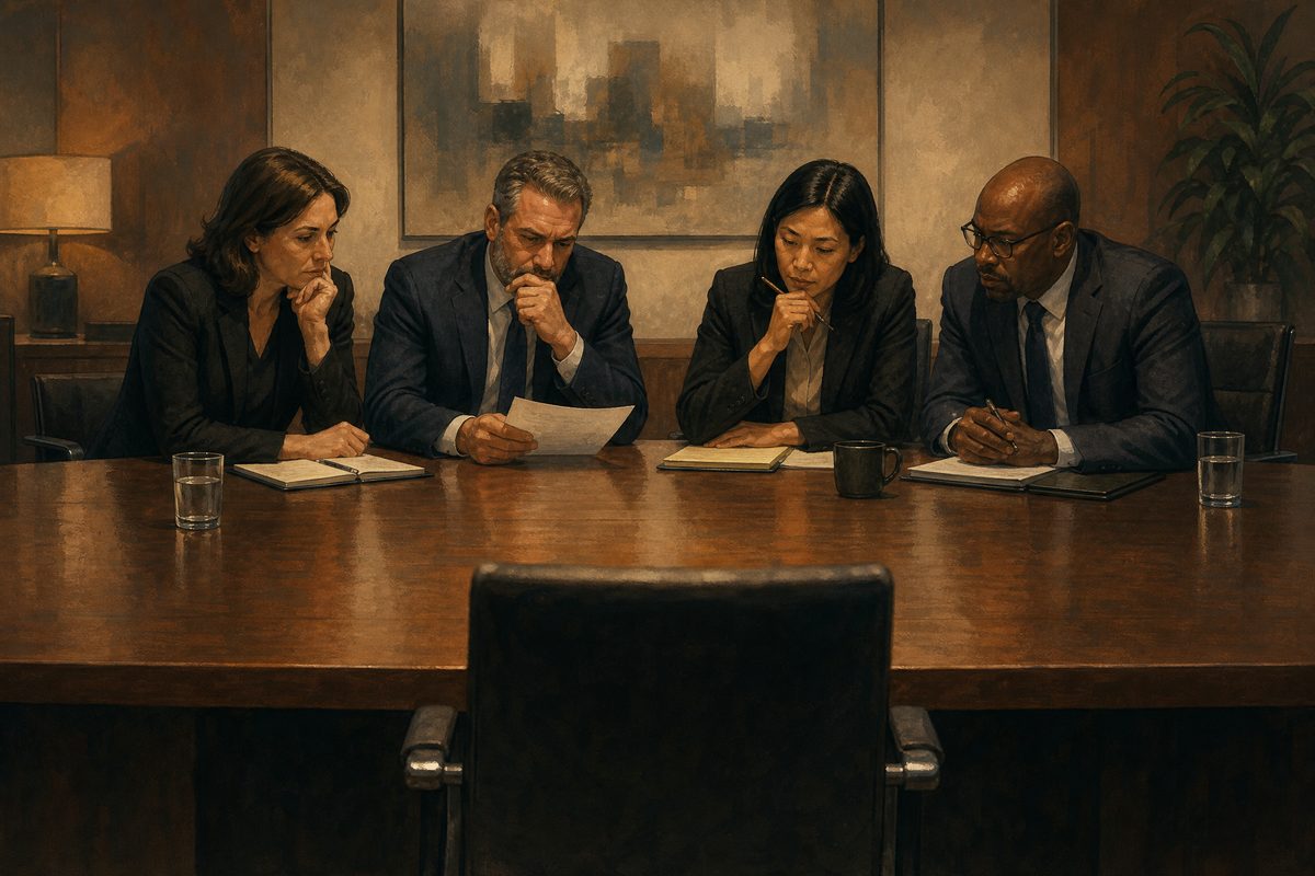 A conference room with interviewers discussing a candidate