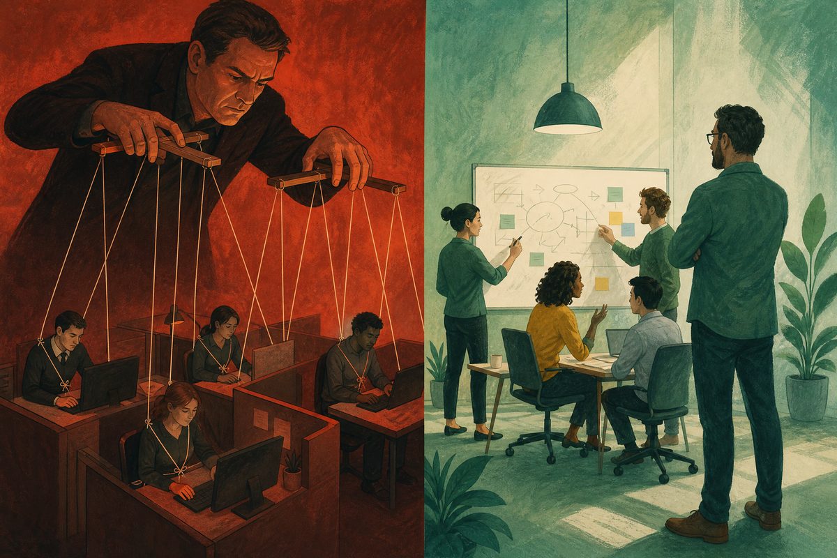 A split image showing a controlling puppet-master boss versus a collaborative leader