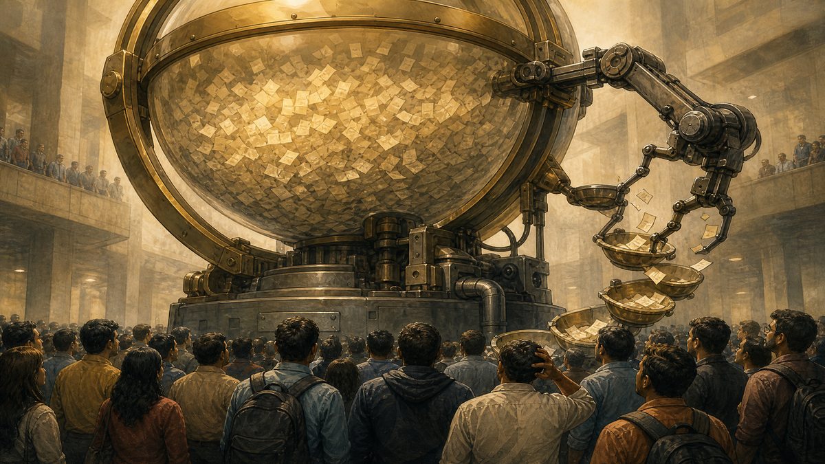A giant mechanical lottery machine pulling a few slips of paper from thousands of applications while hopeful people watch