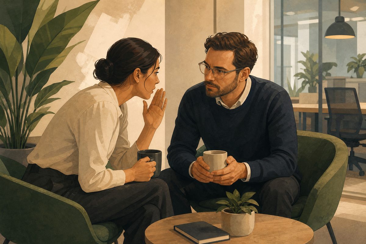 Two colleagues having a quiet conversation in an office