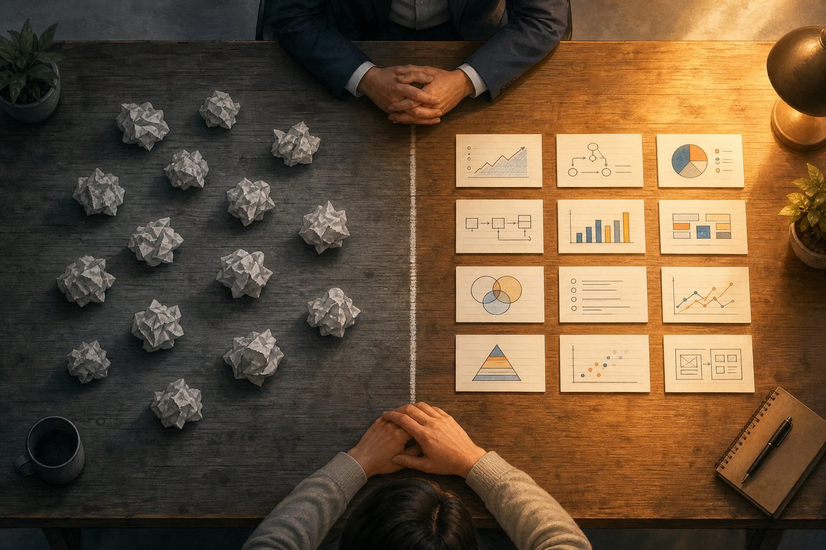 A contrast between empty buzzwords on crumpled paper and concrete proof on index cards