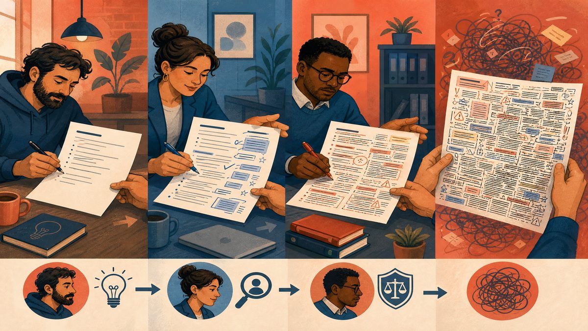 A job description being passed from a founder to a recruiter to HR, getting more chaotic with each handoff