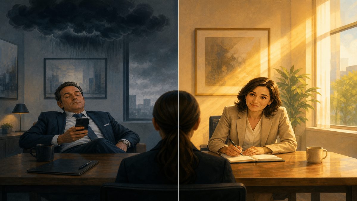 A split screen showing a toxic, distracted manager vs an engaged, supportive manager in an interview setting
