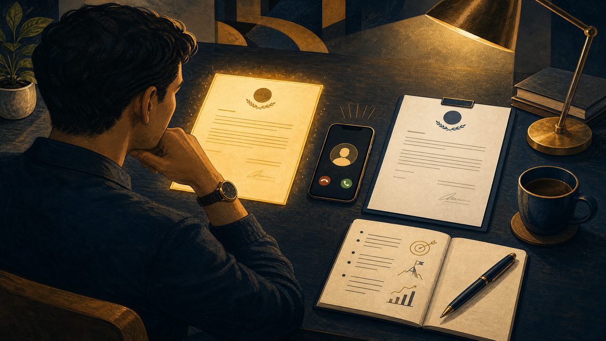 A person reviewing an offer letter with a strategic notebook, conveying calm preparation