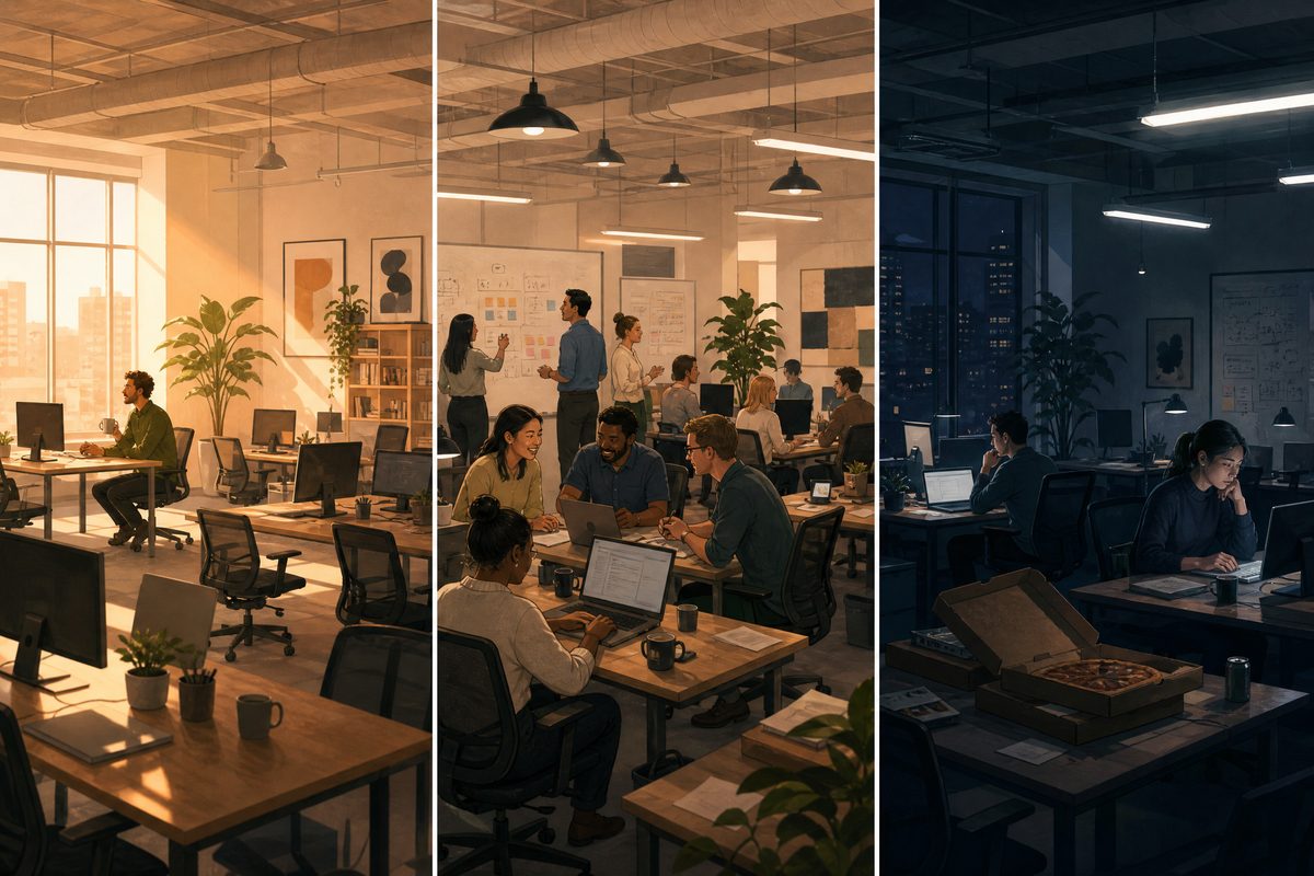 Three panels showing an office at 9 AM, 2 PM, and 8 PM, illustrating the hidden reality of startup hours