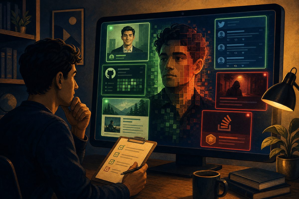 A person looking at a monitor showing a mosaic of their digital footprint, including GitHub, Twitter, and blogs