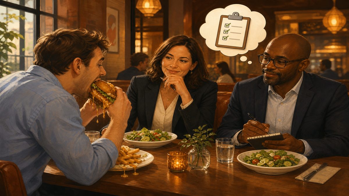 A candidate eating a messy burger while two interviewers take mental notes