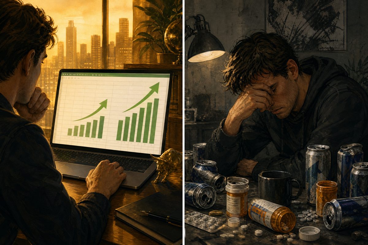 A split screen showing financial gains versus physical exhaustion