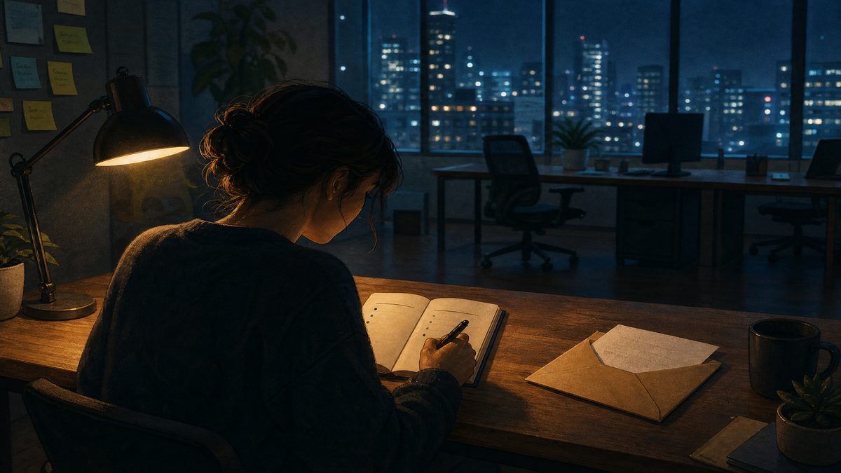 A person sitting at a desk at night with a pros and cons list and an unsealed resignation letter