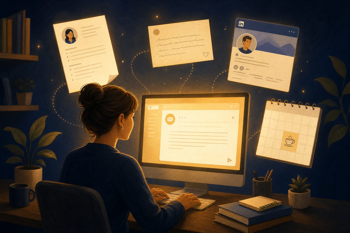 A person crafting a highly intentional referral email with floating elements of a resume and calendar