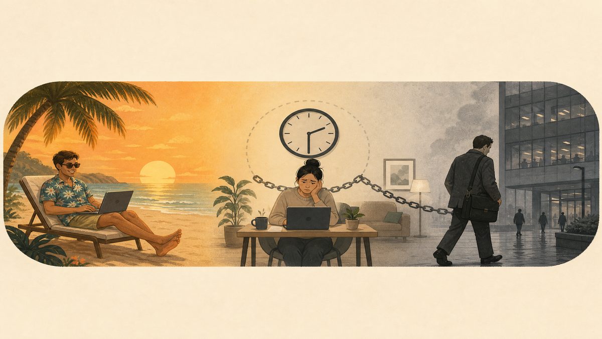 A spectrum showing a beach worker on the left, a time-zone chained worker in the middle, and a commuter on the right