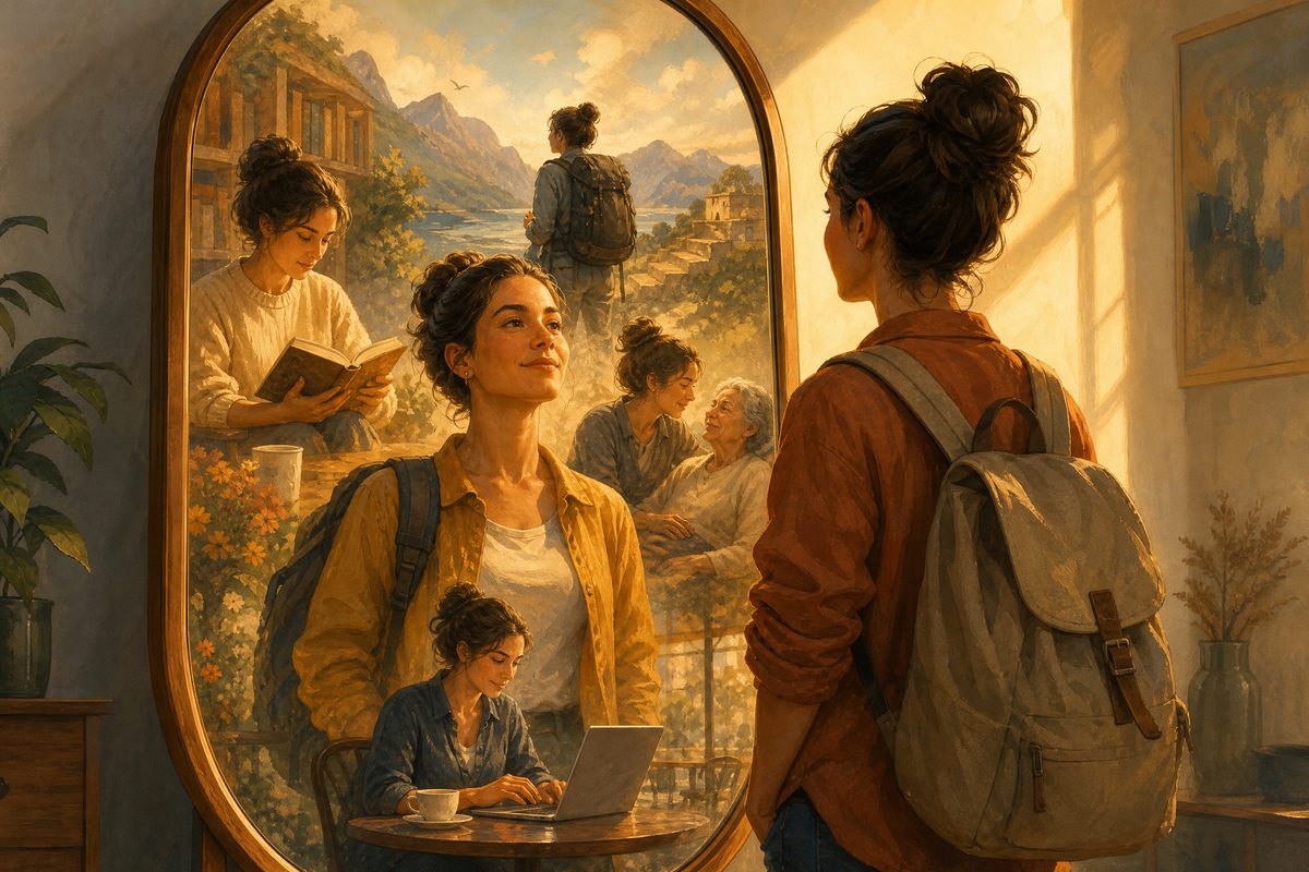 Person looking in mirror showing a montage of activities during their gap