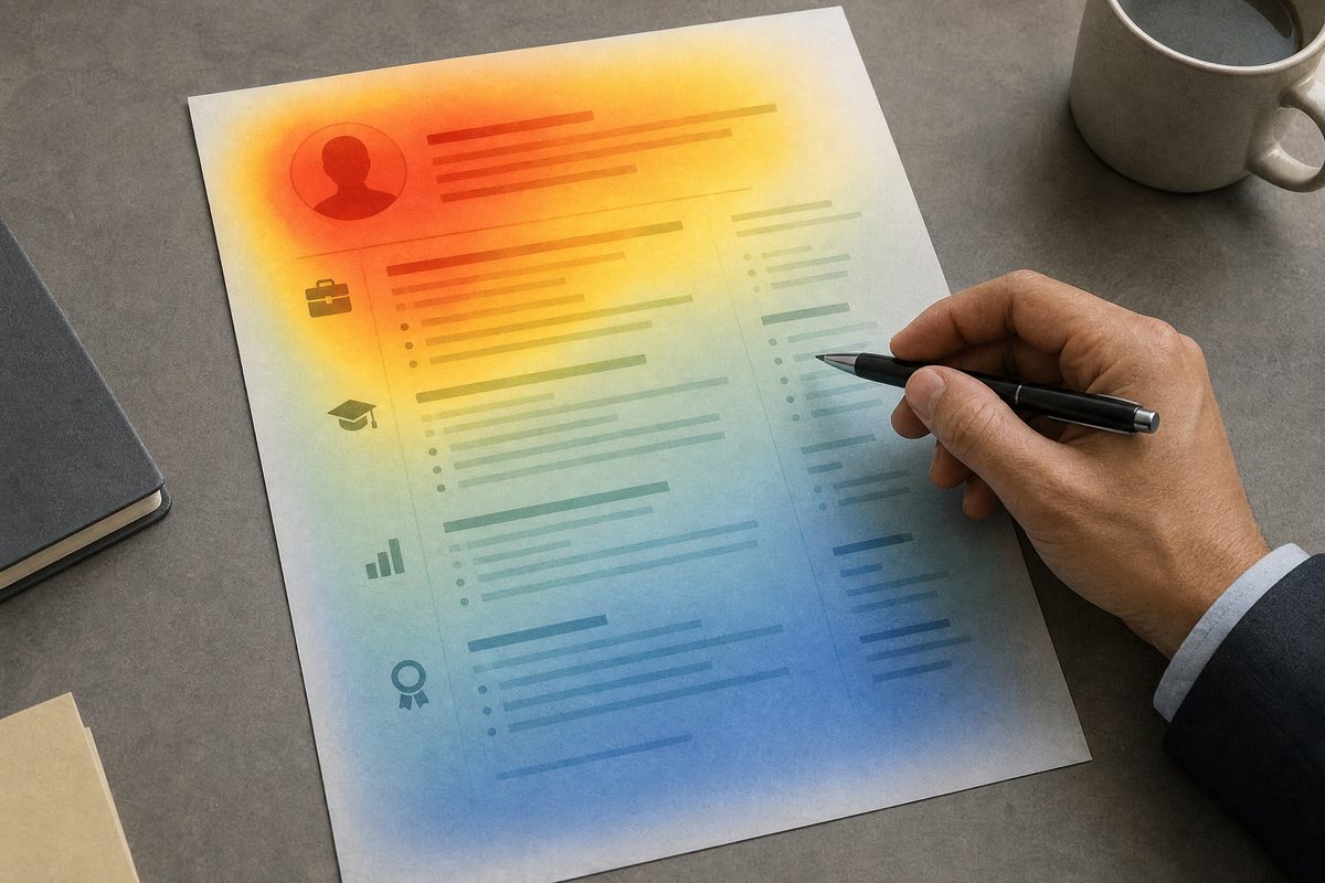 A heatmap overlay on a resume showing where eyes focus