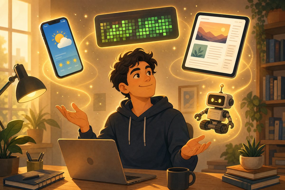 A developer surrounded by creative side projects like a weather app and a GitHub graph