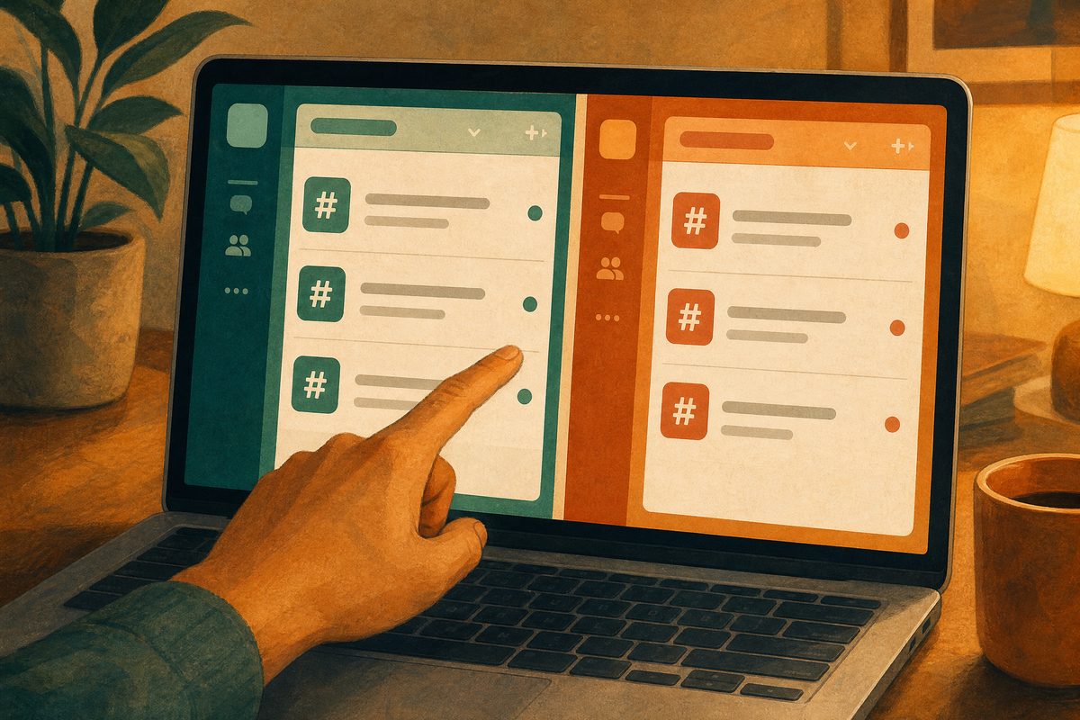 A person pointing at a laptop screen comparing an organized Slack workspace with a chaotic one