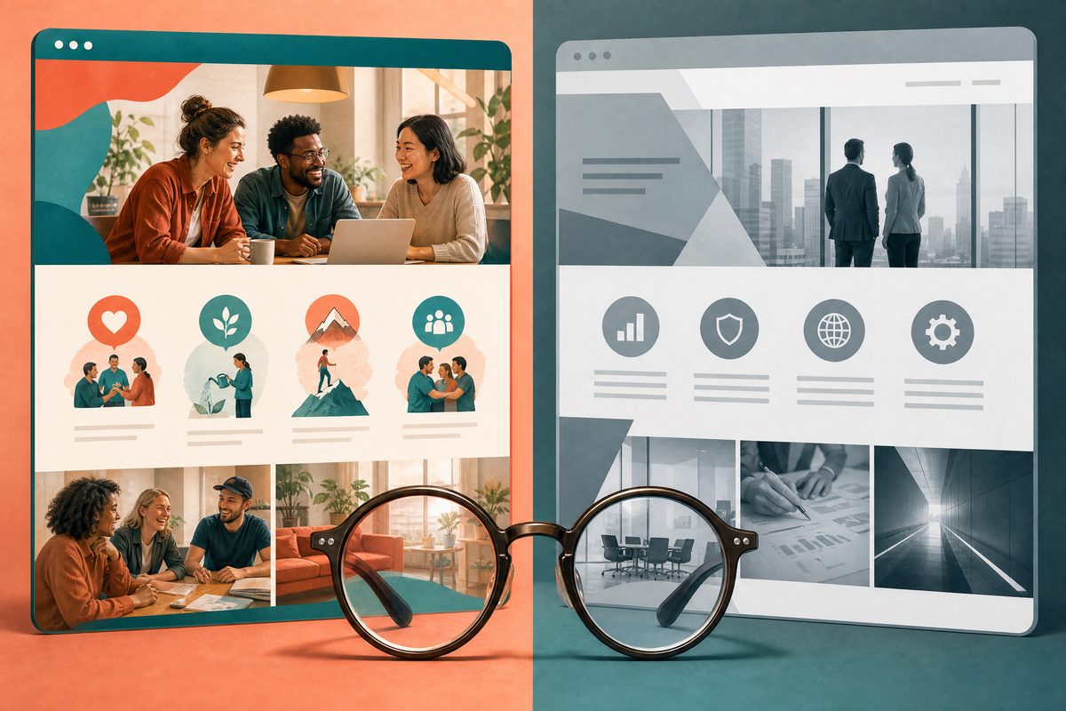 Comparison of a clear, focused startup website versus a cluttered, buzzword-heavy one