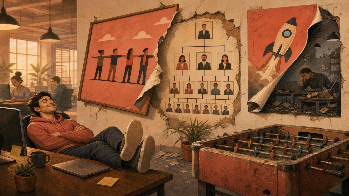 A satirical illustration of startup myths like 'flat hierarchy' peeling off a wall to reveal the chaotic reality