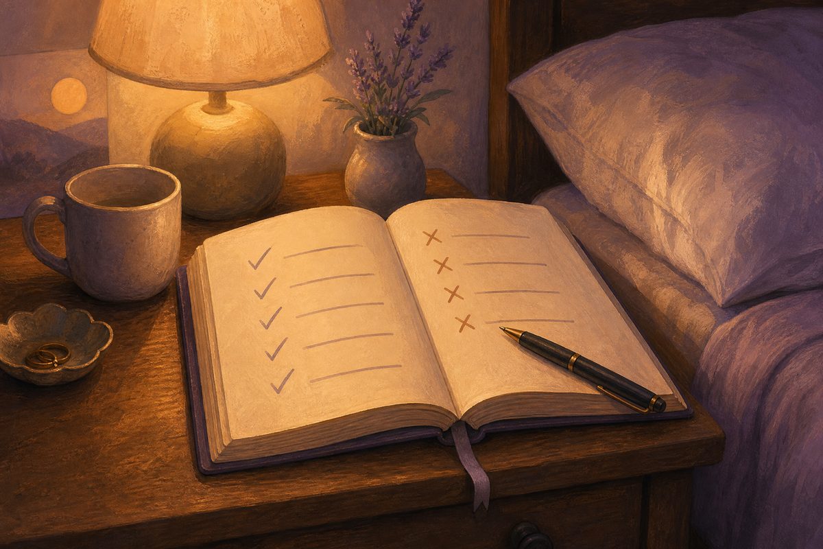 A journal on a bedside table showing a pros and cons list