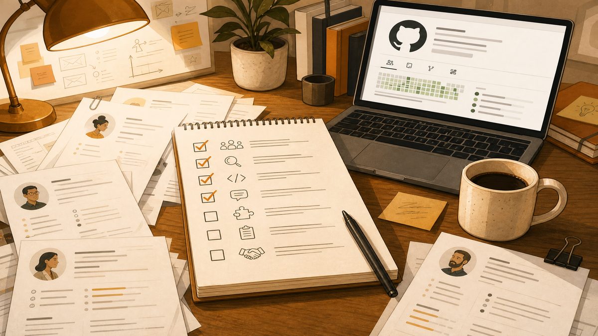 A founder's desk with a checklist for hiring an engineer, resumes, and a laptop