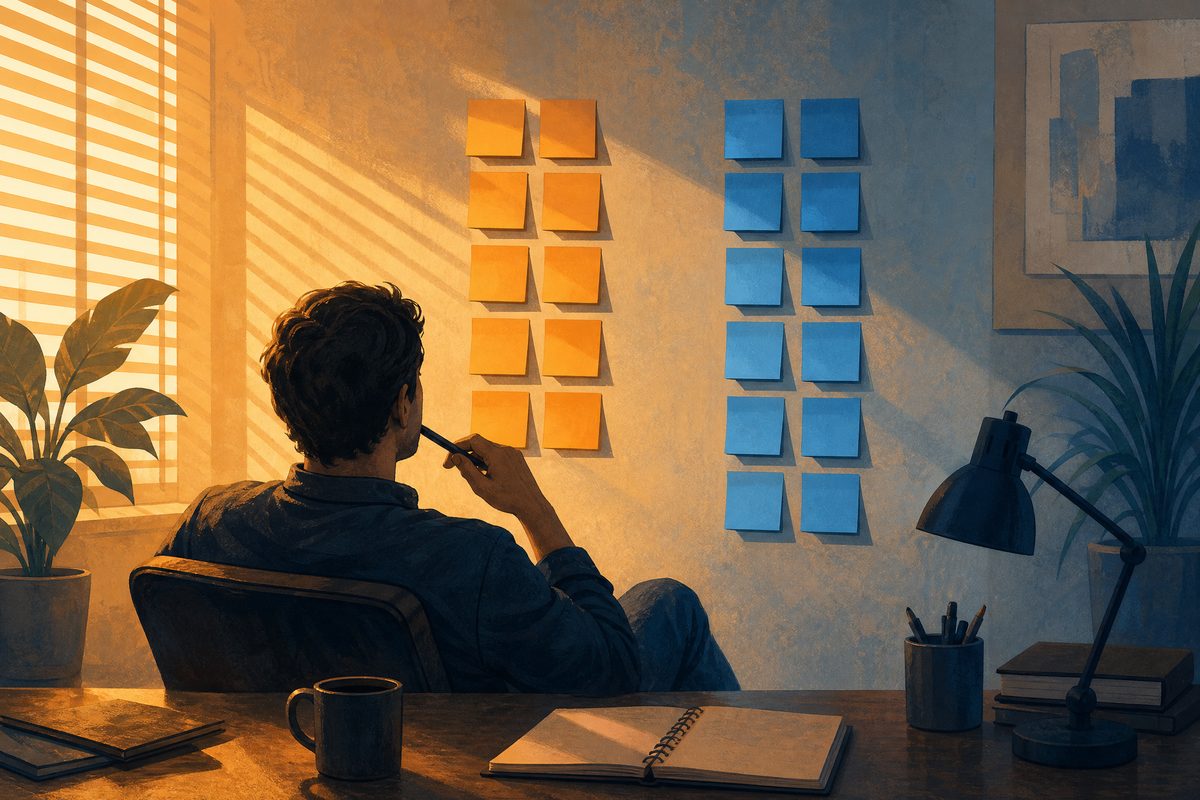 Person looking at two columns of sticky notes comparing options