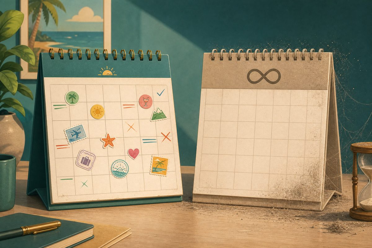 A used calendar with marked vacation days next to a blank calendar with an infinity symbol