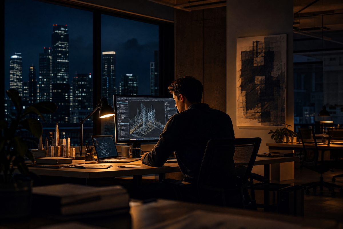 A young professional working late at a desk with complex code on the screen